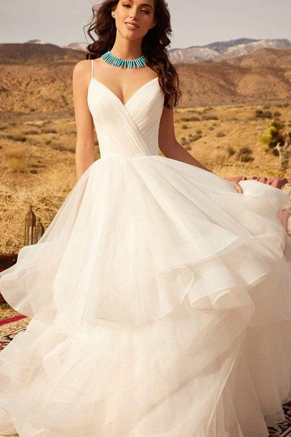 V-Neck Wedding Dress with Ruffles Tulle & Spaghetti Straps-BallBride