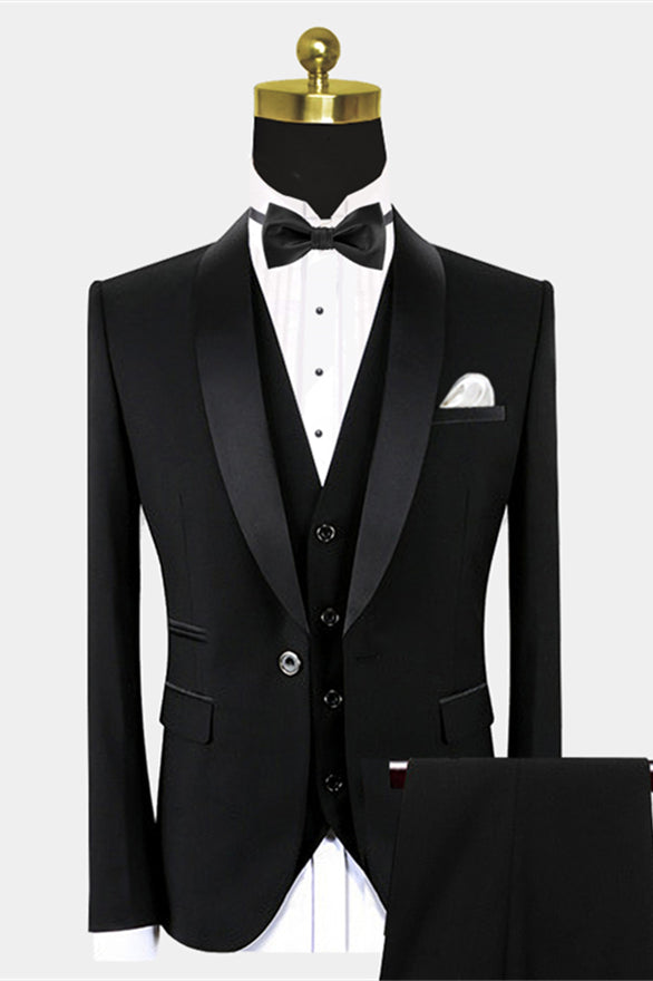 Vincent - Traditional Black Satin Shawl Lapel Wedding Tuxedo for Groom and Groomsmen-BallBride