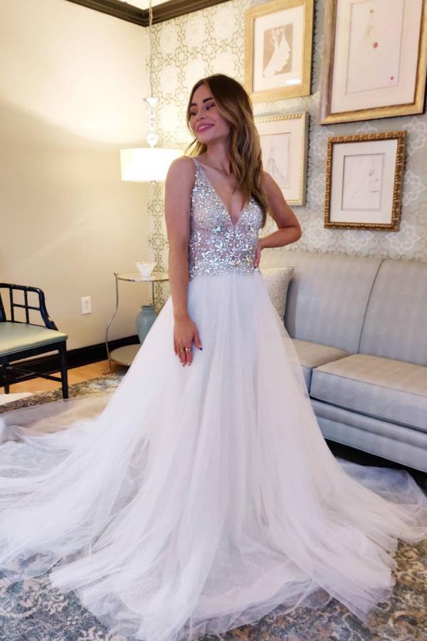 Vintage A-Line V-neck Tulle Wedding Dress with Open Back-BallBride