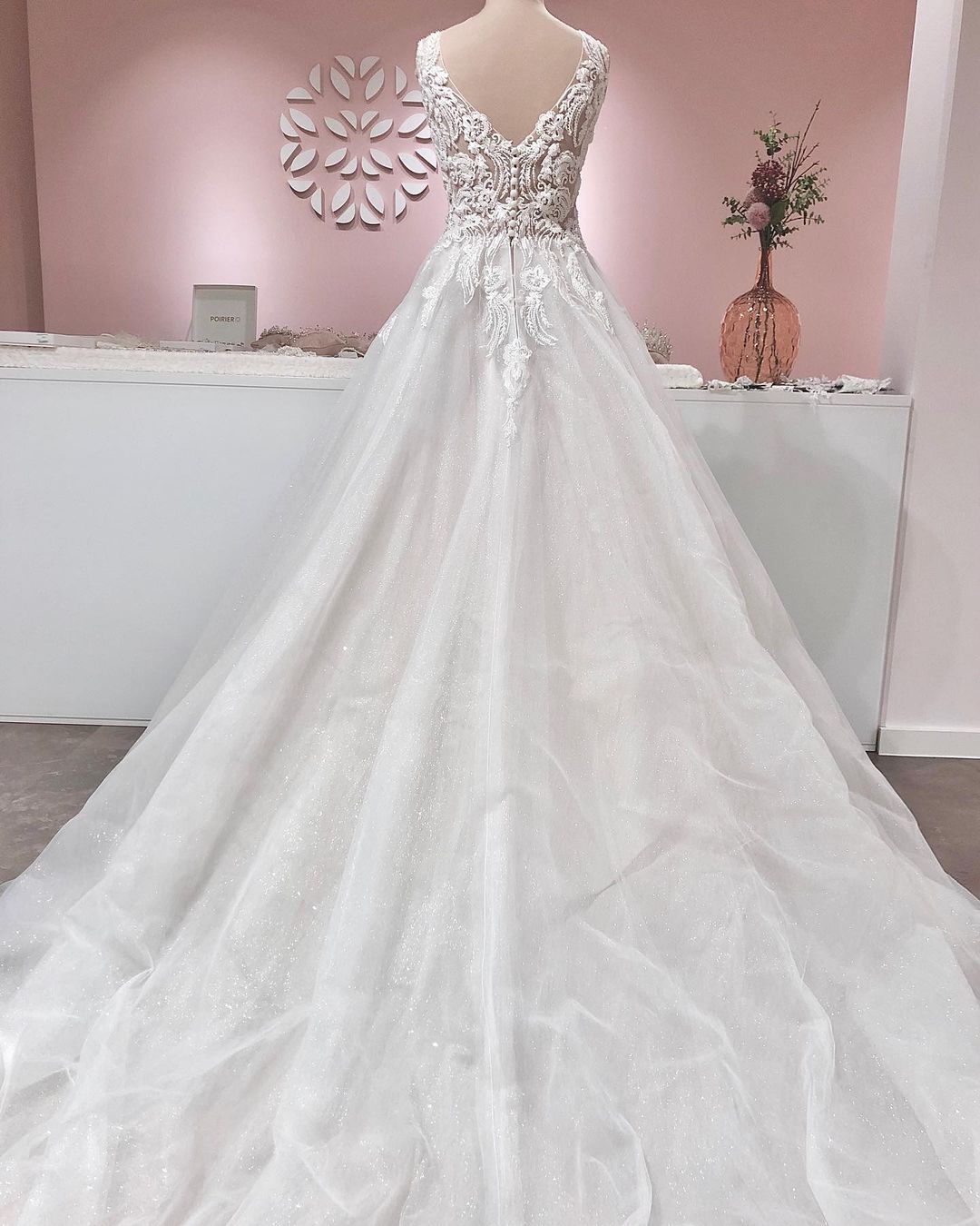 Vintage A-line Wedding Dress with Deep V-neck, Backless, Ruffles, Tulle and Appliques Lace-BallBride