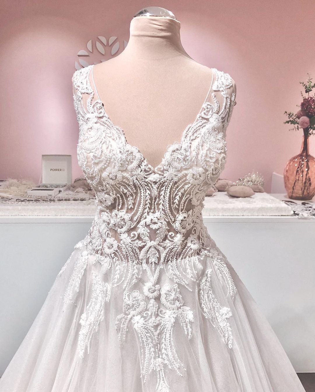 Vintage A-line Wedding Dress with Deep V-neck, Backless, Ruffles, Tulle and Appliques Lace-BallBride