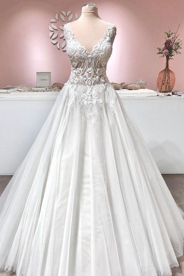 Vintage A-line Wedding Dress with Deep V-neck, Backless, Ruffles, Tulle and Appliques Lace-BallBride