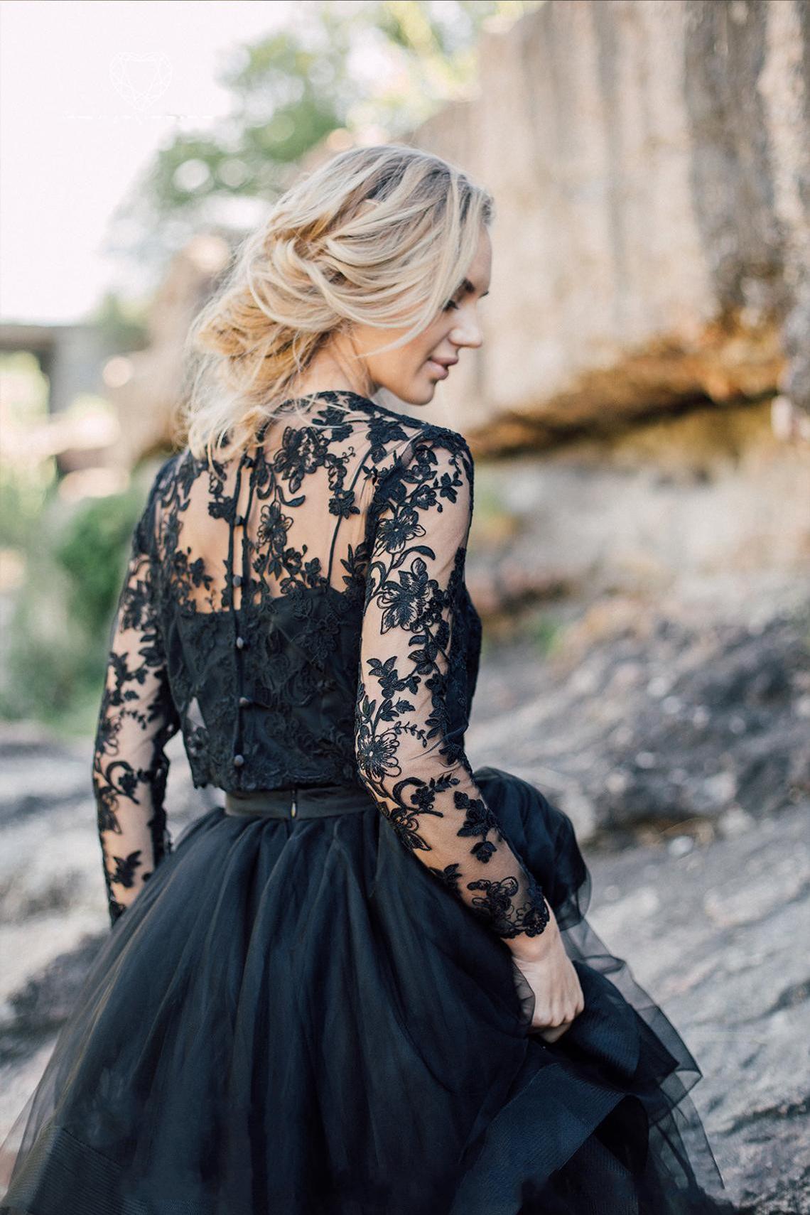 Vintage Black A-Line Long Sleeves Wedding Dress with Ruffles and Appliques Lace Tulle-BallBride