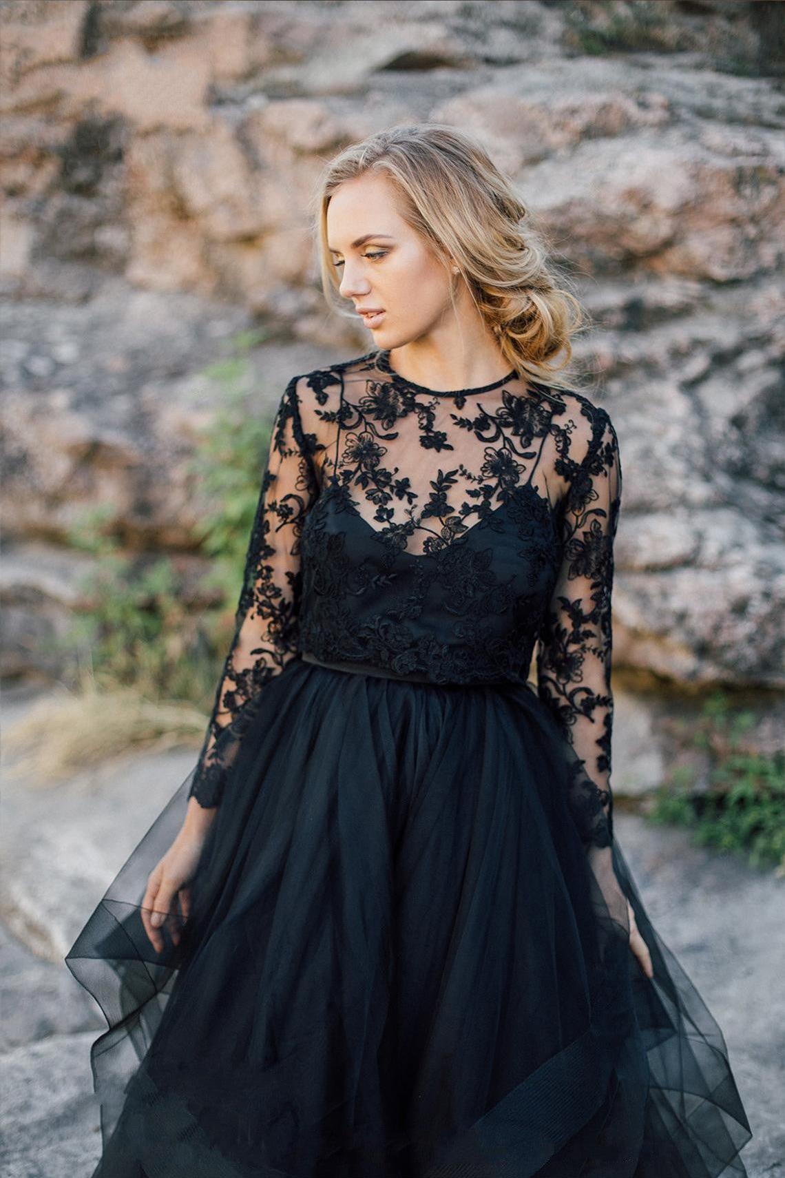Vintage Black A-Line Long Sleeves Wedding Dress with Ruffles and Appliques Lace Tulle-BallBride