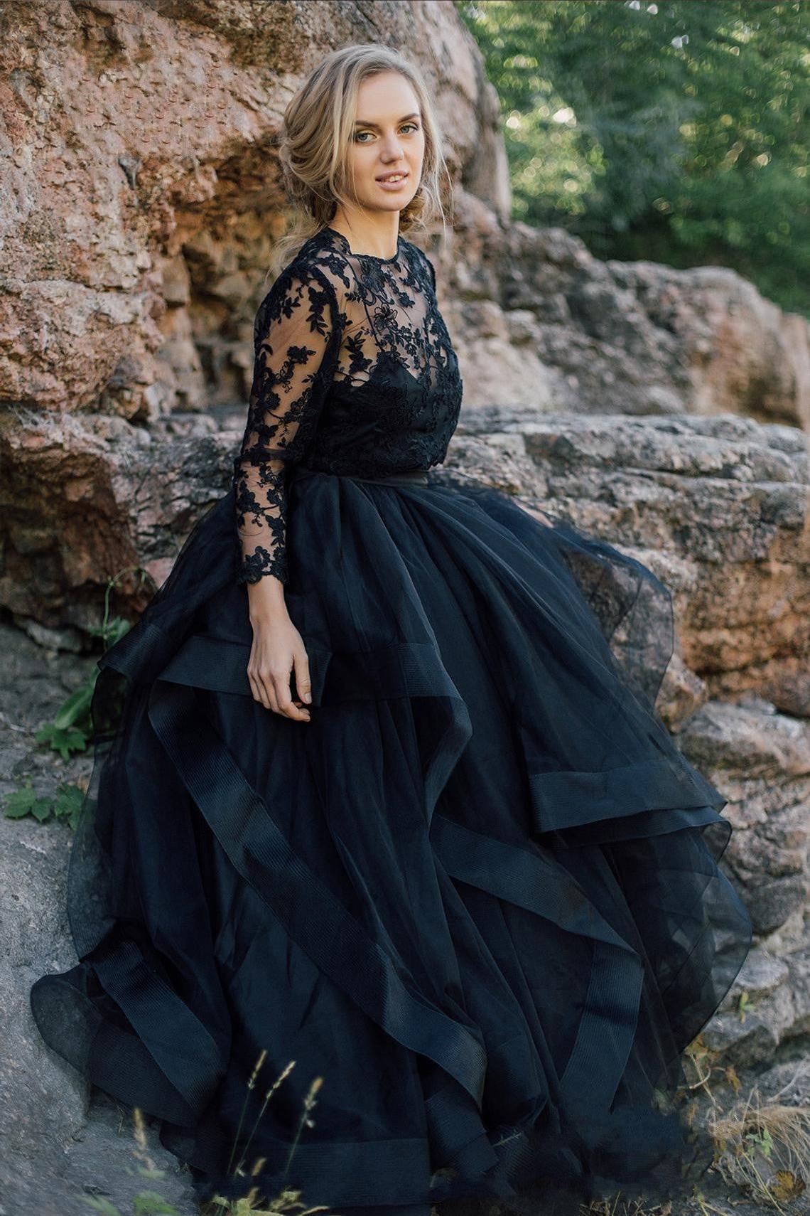 Vintage Black A-Line Long Sleeves Wedding Dress with Ruffles and Appliques Lace Tulle-BallBride