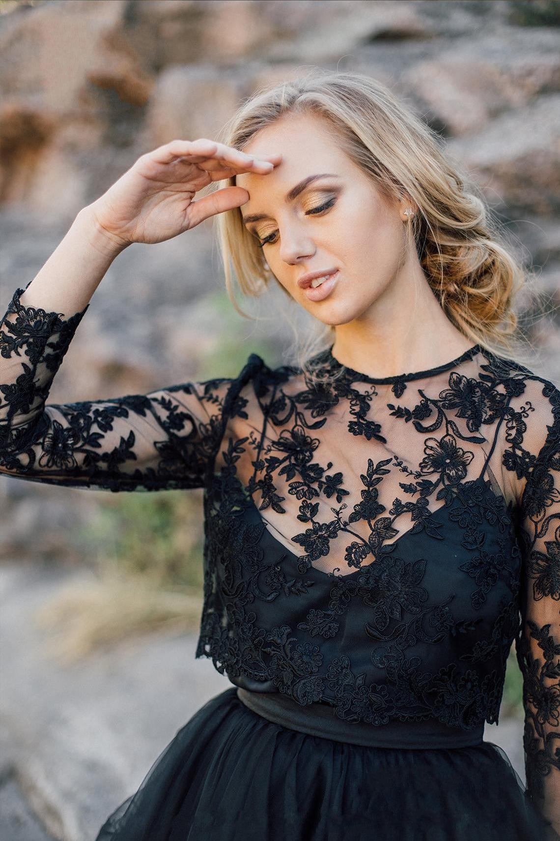 Vintage Black A-Line Long Sleeves Wedding Dress with Ruffles and Appliques Lace Tulle-BallBride