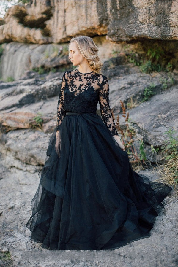Vintage Black A-Line Long Sleeves Wedding Dress with Ruffles and Appliques Lace Tulle-BallBride