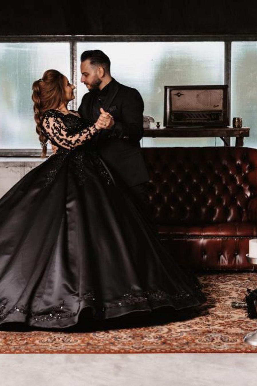 Vintage Black Long Ball Gown Satin Wedding Dress with Sleeves-BallBride