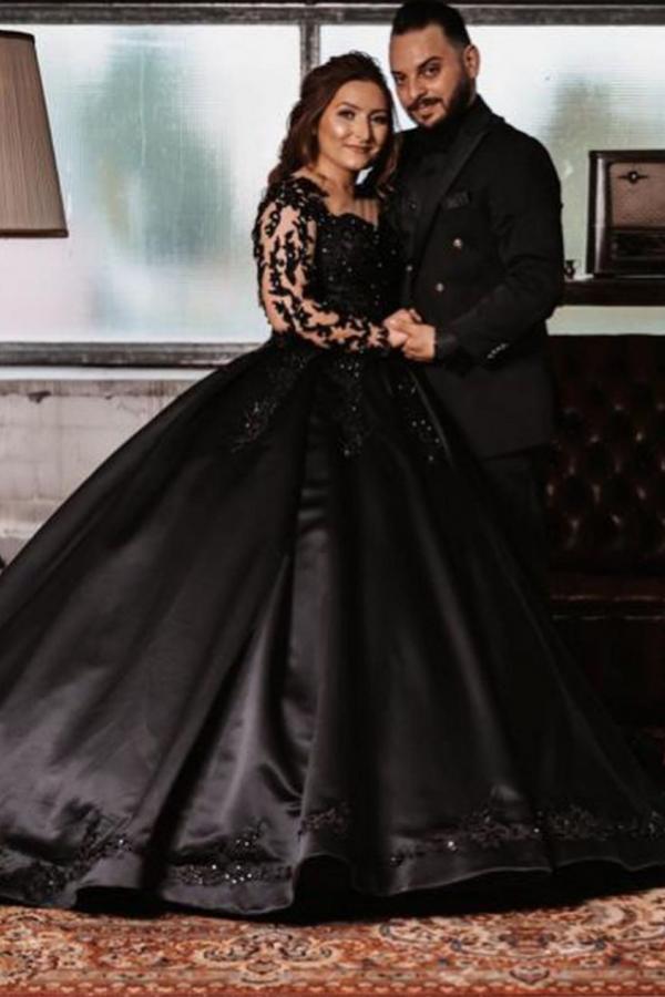 Vintage Black Long Ball Gown Satin Wedding Dress with Sleeves-BallBride