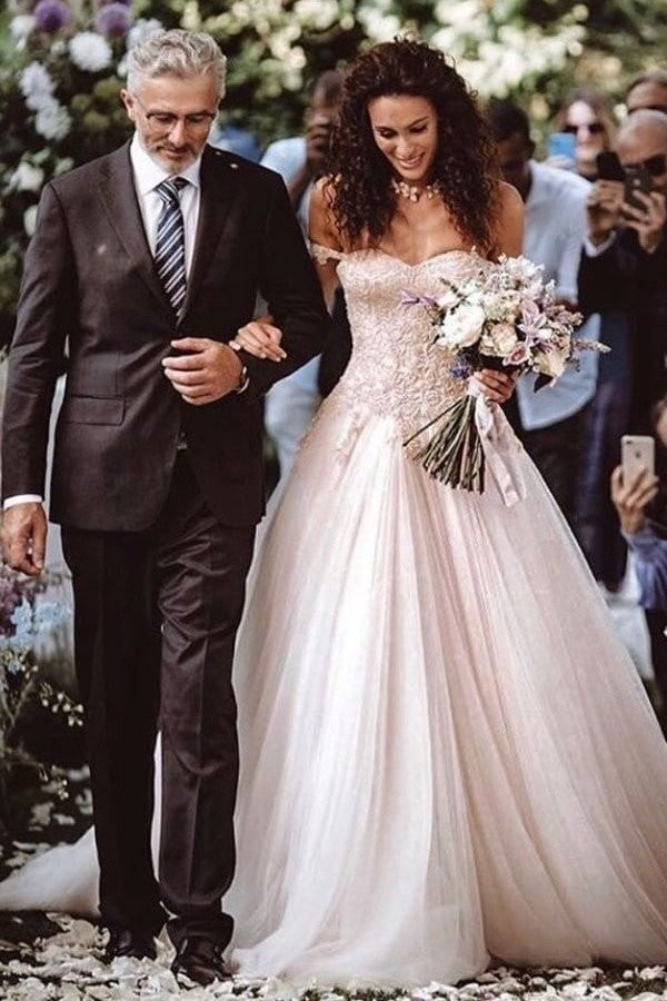 Vintage Long A-Line Off-the-Shoulder Wedding Dress with Lace Tulle-BallBride