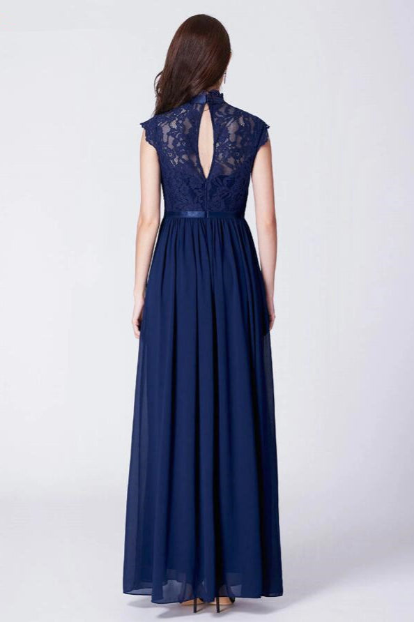 Vintage Navy Lace Prom Dress Long Chiffon Evening Gown with Cap Sleeves-BallBride