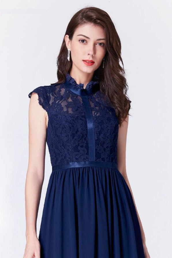 Vintage Navy Lace Prom Dress Long Chiffon Evening Gown with Cap Sleeves-BallBride