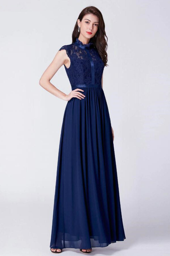 Vintage Navy Lace Prom Dress Long Chiffon Evening Gown with Cap Sleeves-BallBride