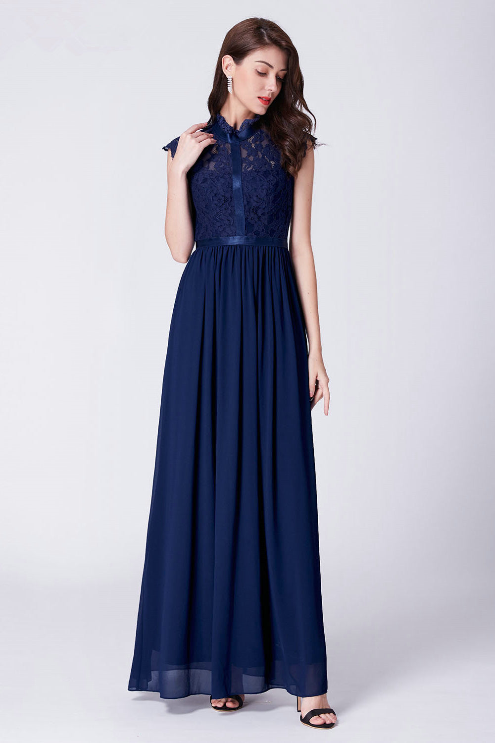 Vintage Navy Lace Prom Dress Long Chiffon Evening Gown with Cap Sleeves-BallBride