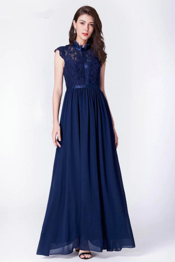 Vintage Navy Lace Prom Dress Long Chiffon Evening Gown with Cap Sleeves-BallBride
