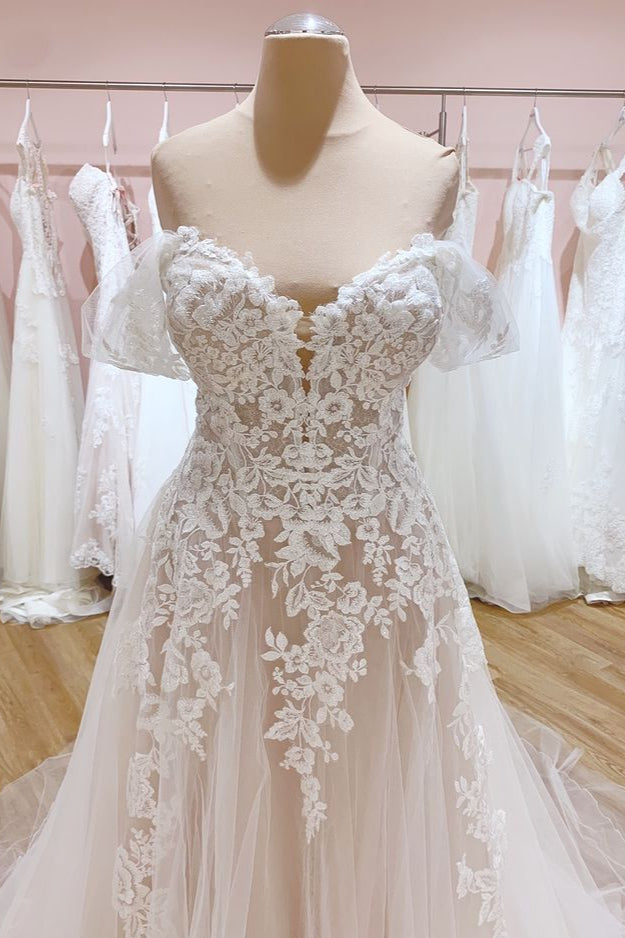 Vintage Off-the-Shoulder A-Line Wedding Dress With Sweetheart Backless Tulle-BallBride