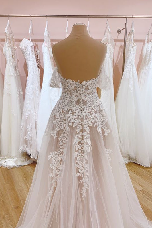 Vintage Off-the-Shoulder A-Line Wedding Dress With Sweetheart Backless Tulle-BallBride