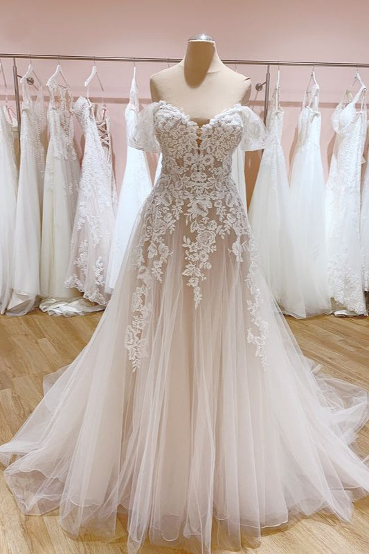 Vintage Off-the-Shoulder A-Line Wedding Dress With Sweetheart Backless Tulle-BallBride