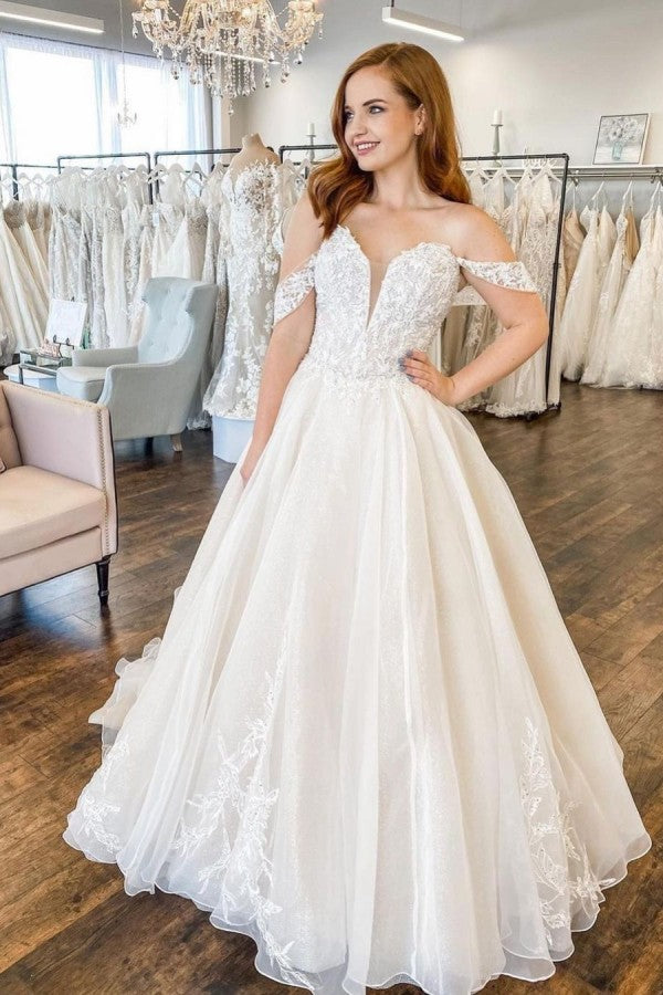 Vintage Sweetheart A-Line Wedding Dress with Appliques Lace and Off-the-Shoulder Train-BallBride