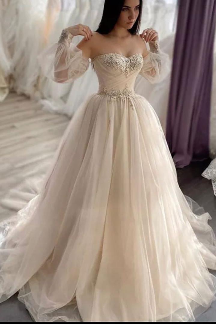 Vintage Sweetheart Long Sleeve A-Line Wedding Dress With Backless Appliques Lace and Crystal Tulle-BallBride