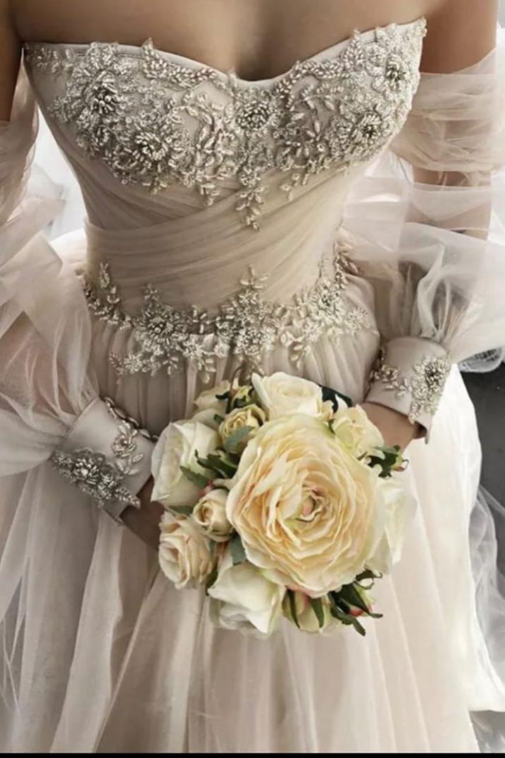 Vintage Sweetheart Long Sleeve A-Line Wedding Dress With Backless Appliques Lace and Crystal Tulle-BallBride