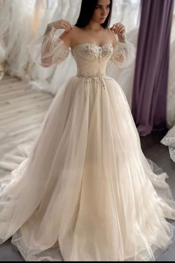 Vintage Sweetheart Long Sleeve A-Line Wedding Dress With Backless Appliques Lace and Crystal Tulle-BallBride