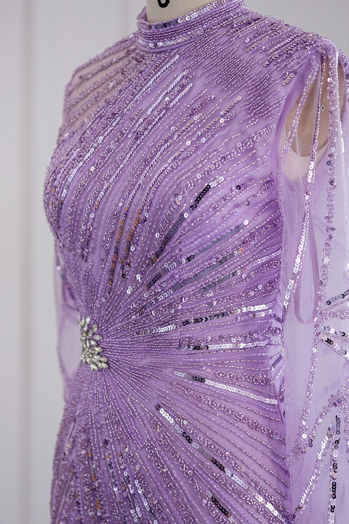 Violet High Neck Mermaid Evening Dress with Tulle Long Sleeves and Sparkle Appliques-BallBride