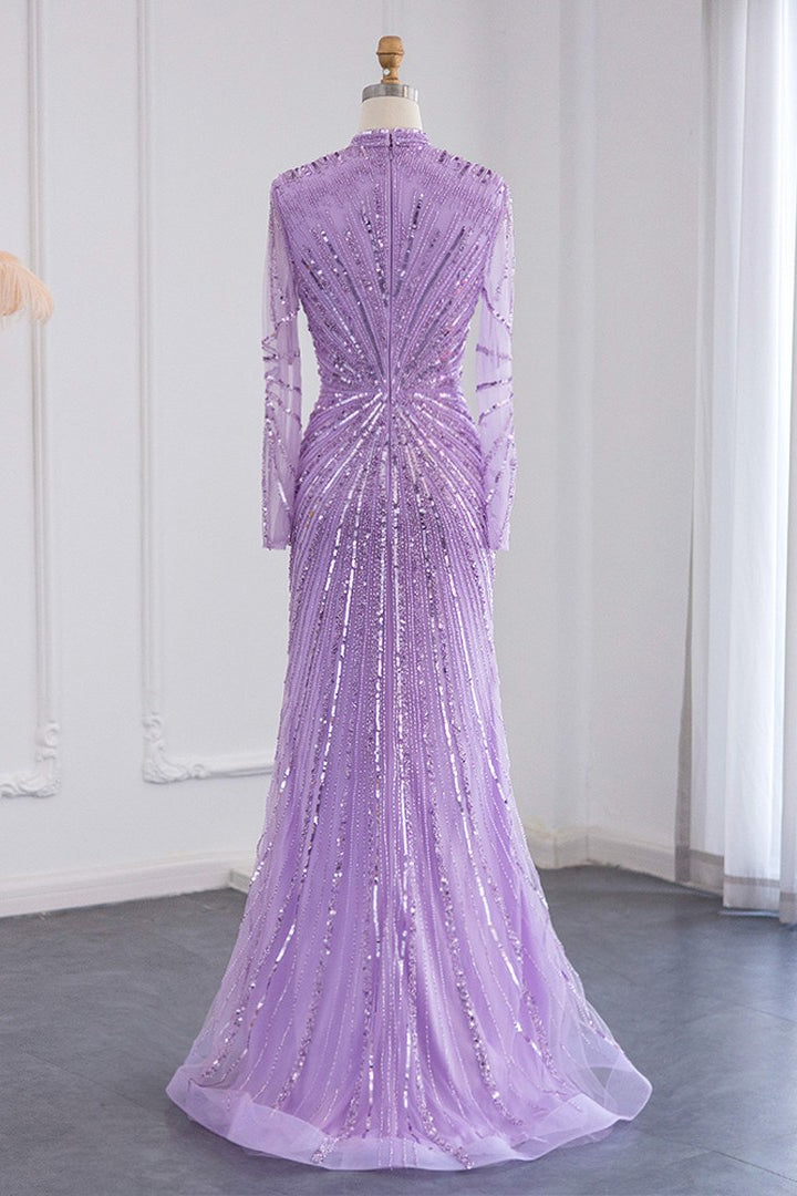 Violet High Neck Mermaid Evening Dress with Tulle Long Sleeves and Sparkle Appliques-BallBride