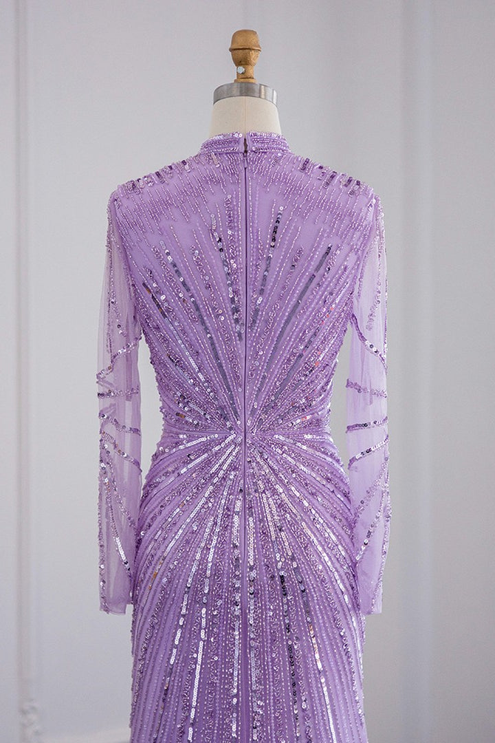 Violet High Neck Mermaid Evening Dress with Tulle Long Sleeves and Sparkle Appliques-BallBride