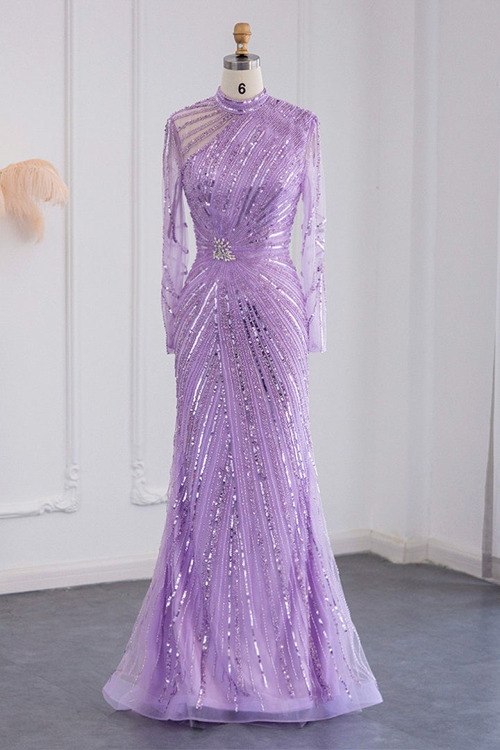 Violet High Neck Mermaid Evening Dress with Tulle Long Sleeves and Sparkle Appliques-BallBride