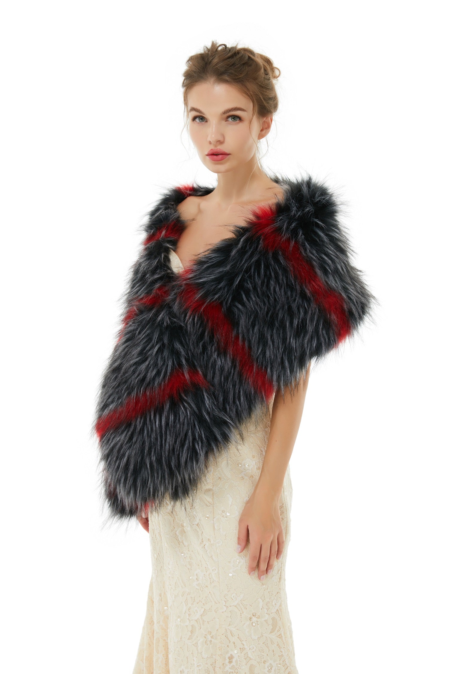 Warm Grey and Red Winter Faux Fur Wrap for Brides-BallBride