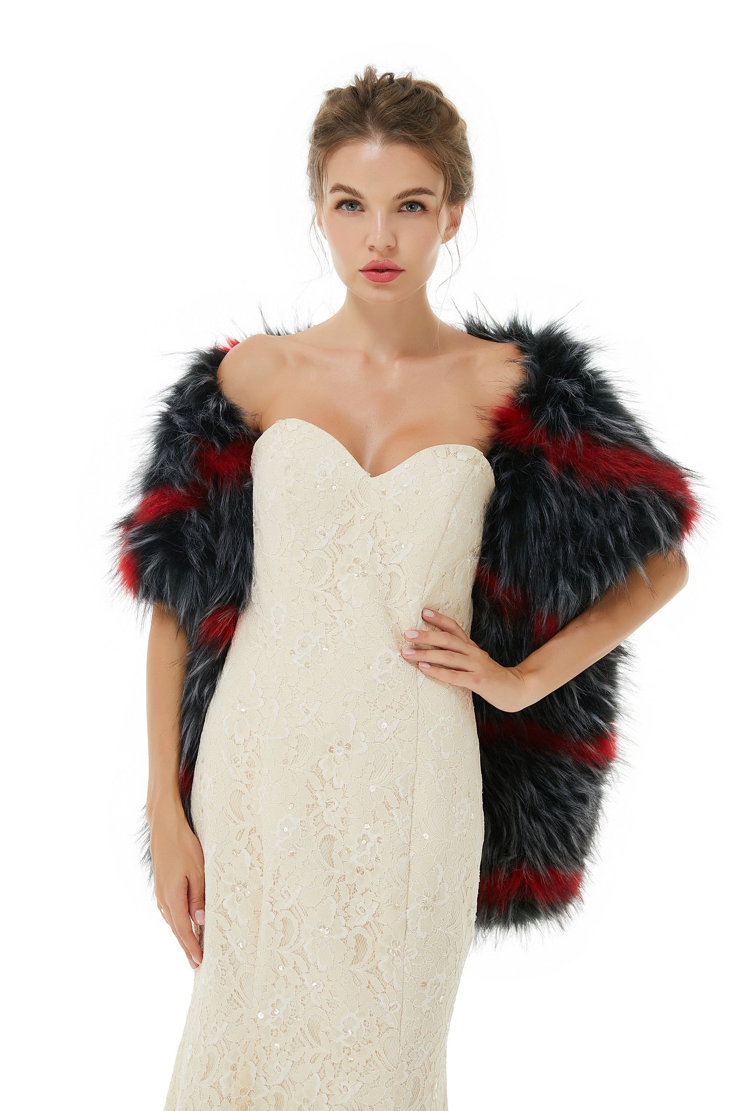 Warm Grey and Red Winter Faux Fur Wrap for Brides-BallBride
