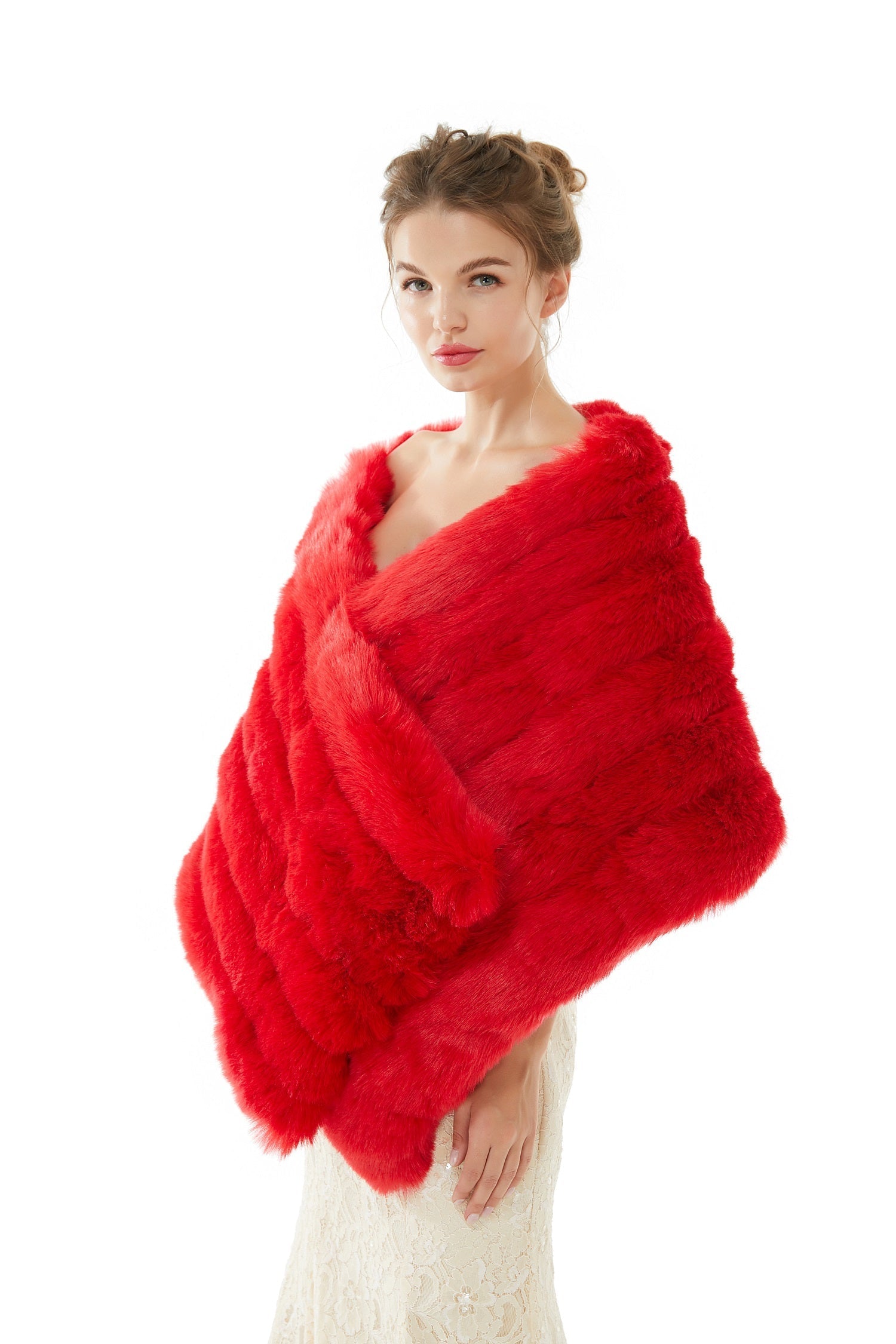 Warm Red Faux Fur Wedding Shawl - Bridal Wrap Online-BallBride