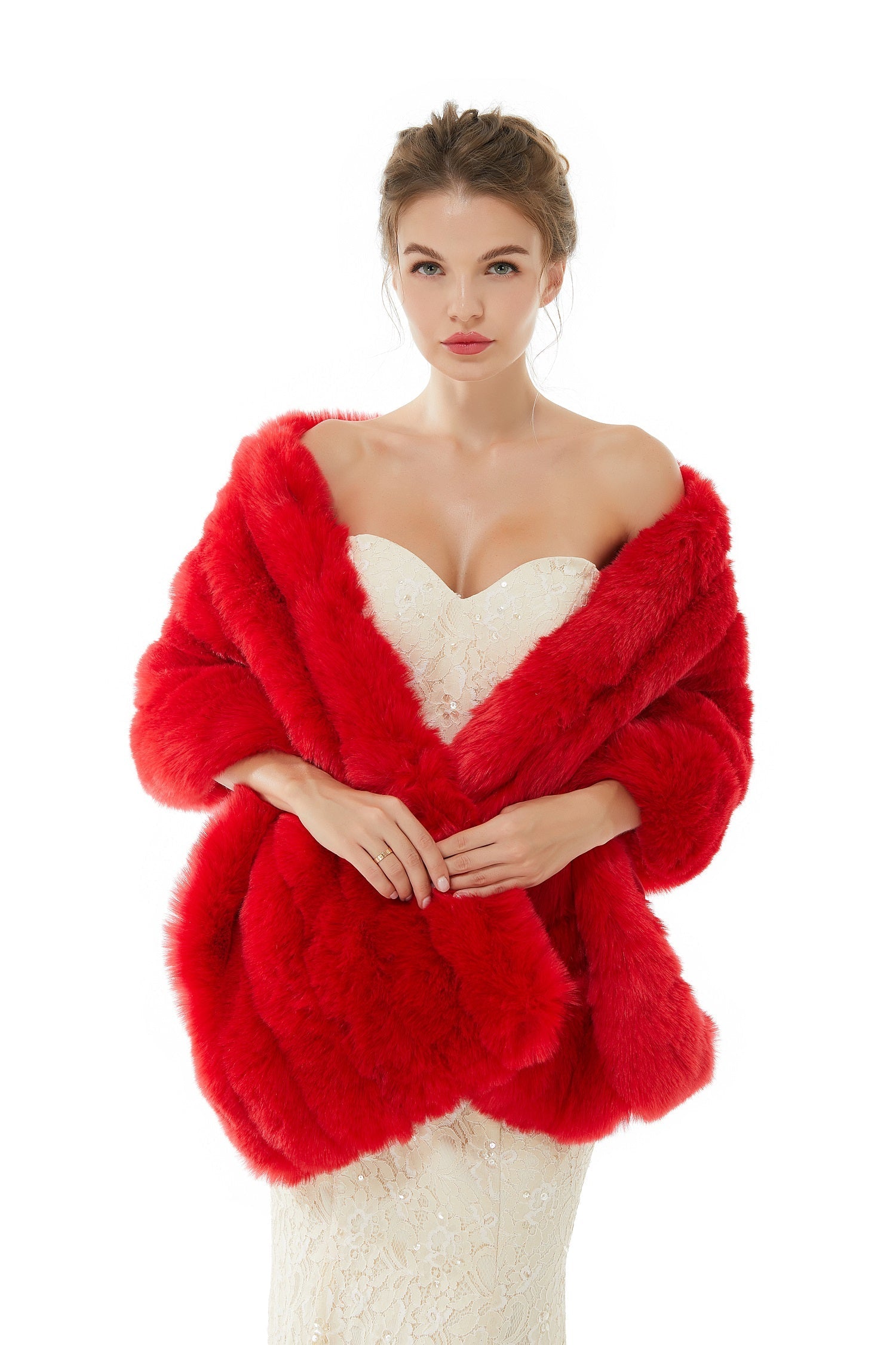 Warm Red Faux Fur Wedding Shawl - Bridal Wrap Online-BallBride