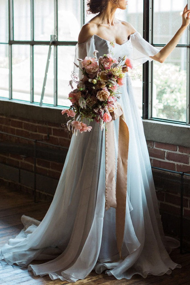 Wedding Dress A-line Off The Shoulder Sleeveless Pleated Court Train Chiffon Boho Bridal Gowns-BallBride