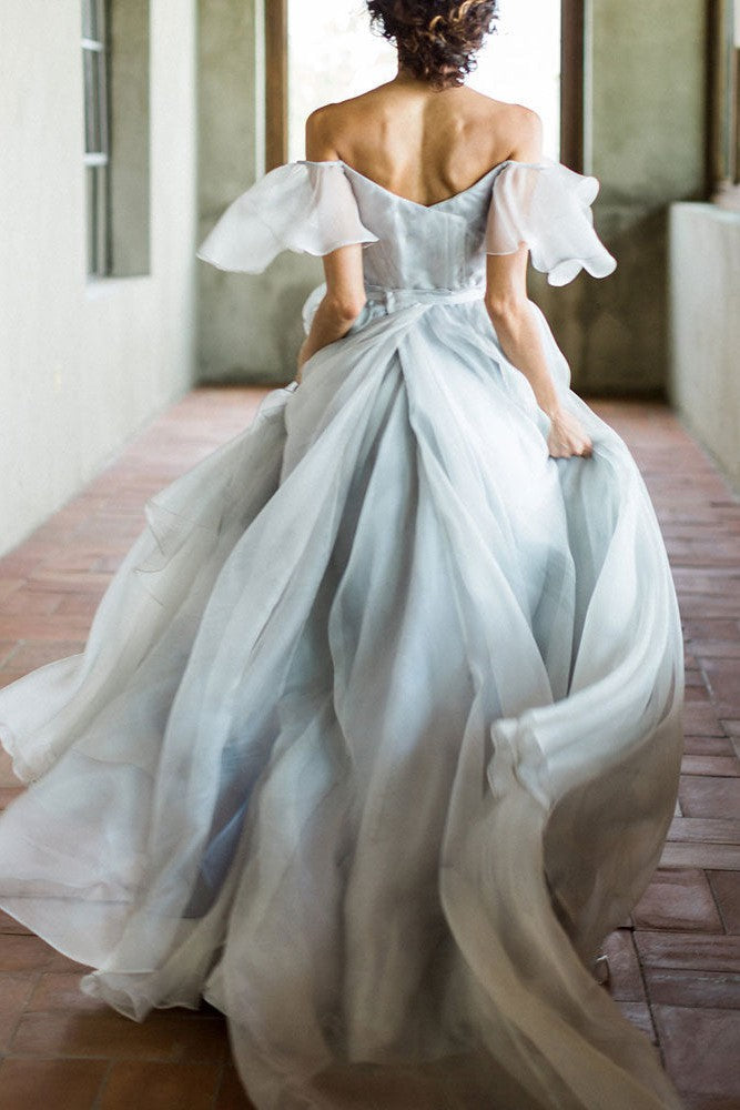 Wedding Dress A-line Off The Shoulder Sleeveless Pleated Court Train Chiffon Boho Bridal Gowns-BallBride