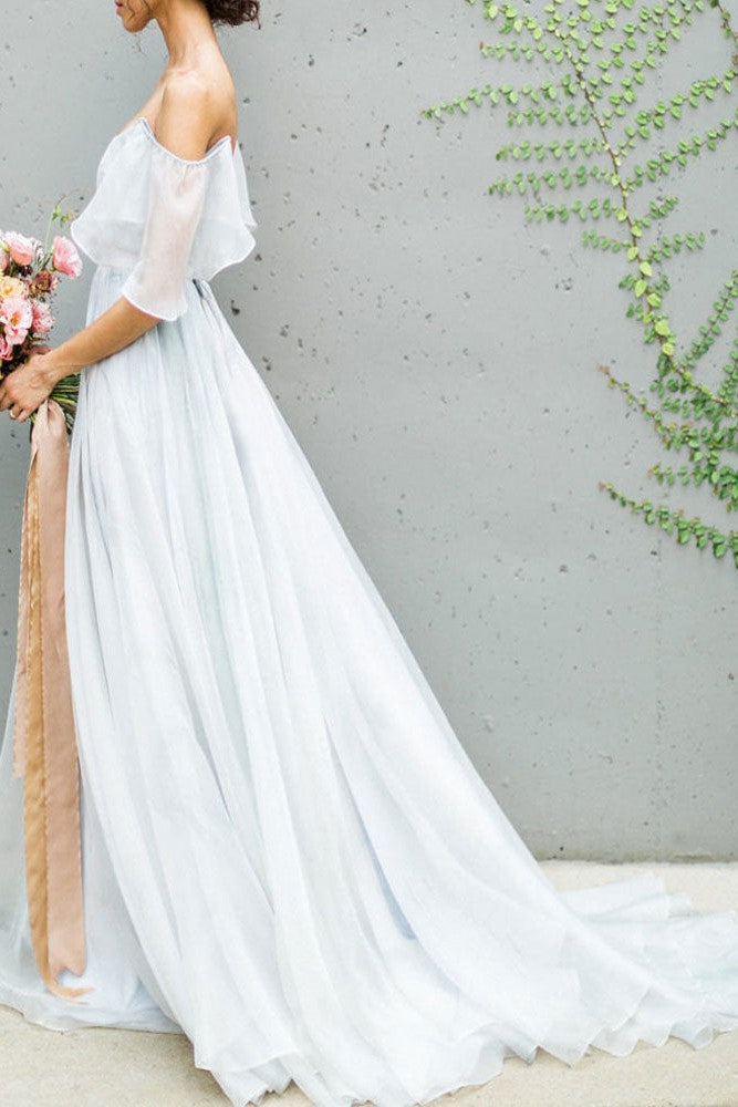 Wedding Dress A-line Off The Shoulder Sleeveless Pleated Court Train Chiffon Boho Bridal Gowns-BallBride