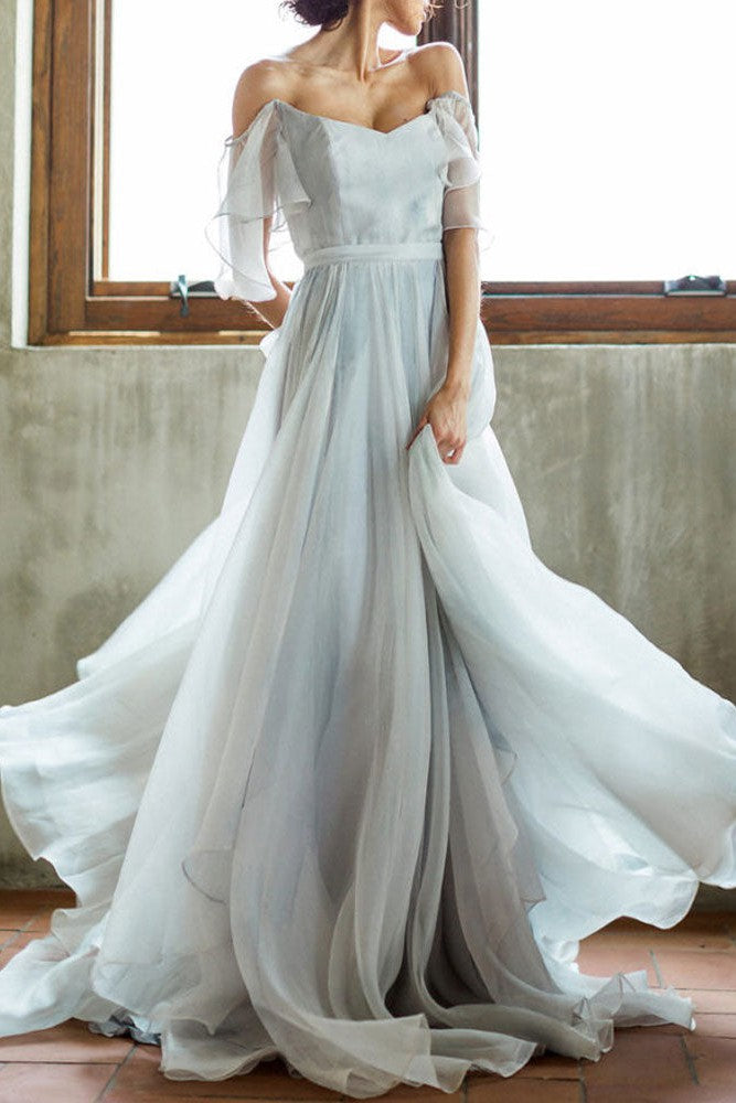 Wedding Dress A-line Off The Shoulder Sleeveless Pleated Court Train Chiffon Boho Bridal Gowns-BallBride