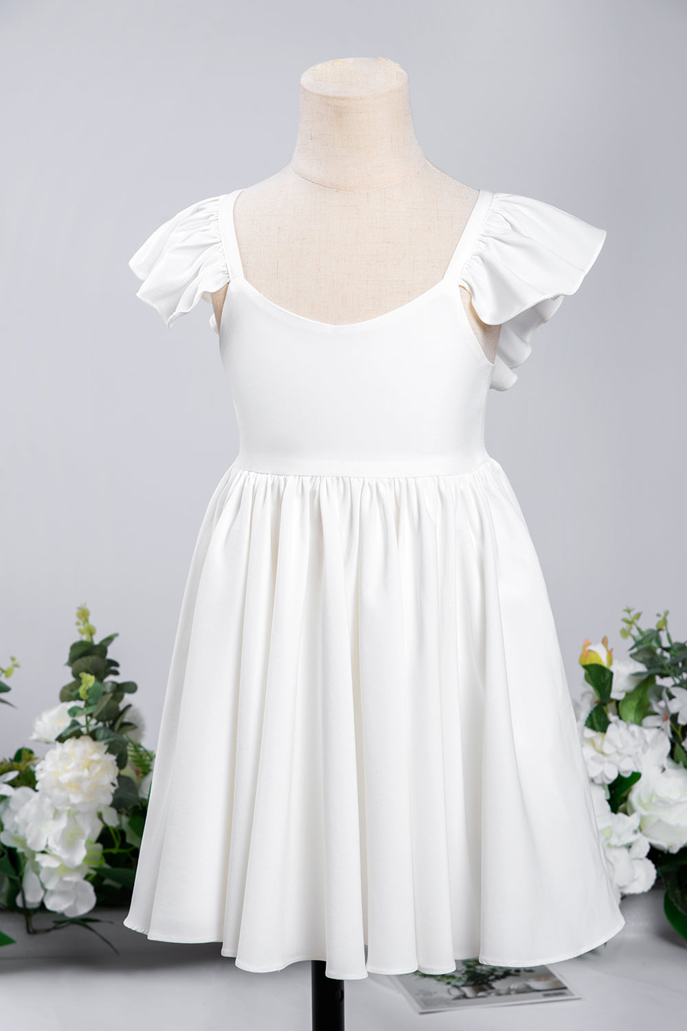 White A-Line Cap Sleeves Flower Girl Dress with Pleated Ruffles-BallBride