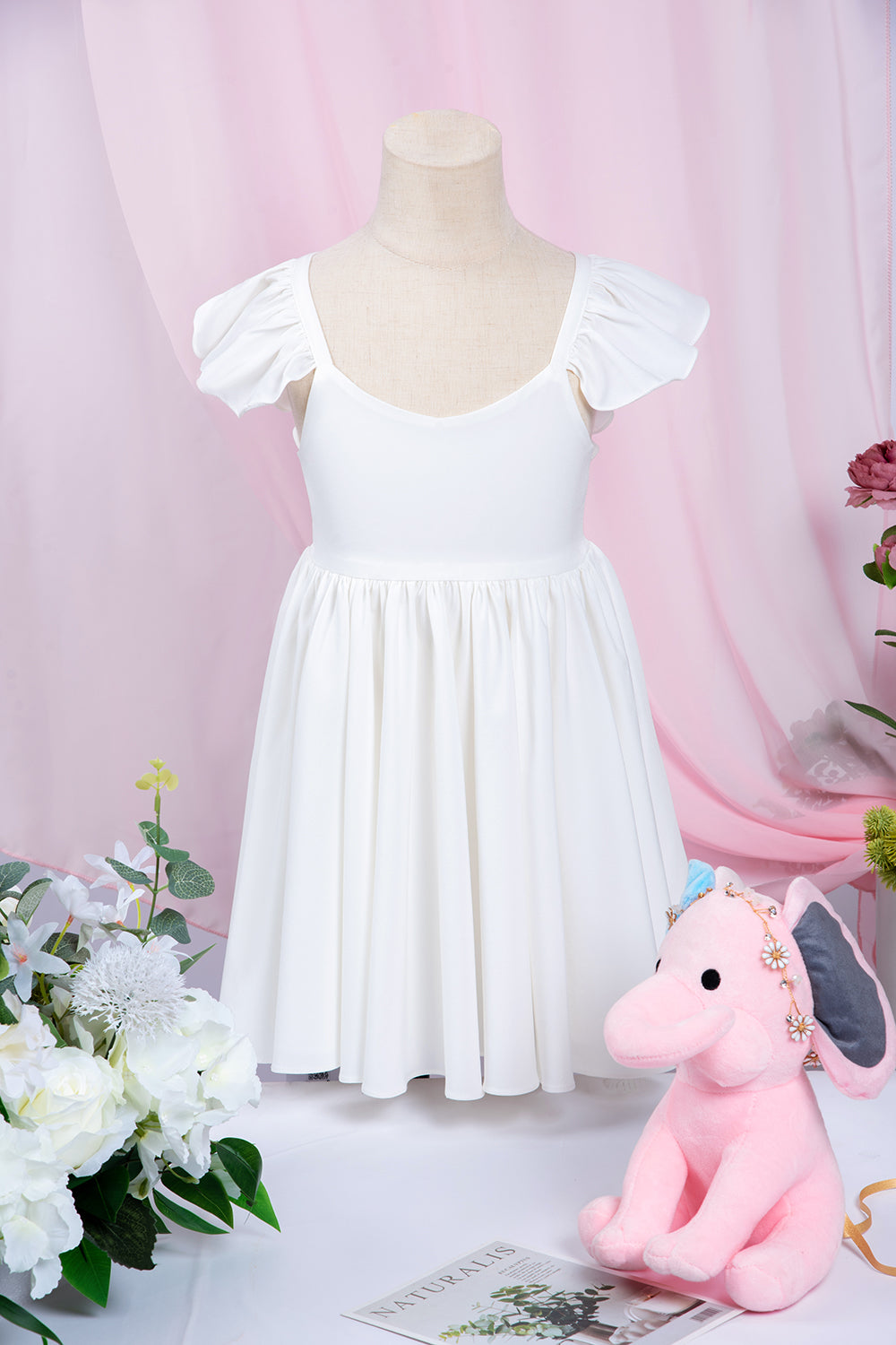 White A-Line Cap Sleeves Flower Girl Dress with Pleated Ruffles-BallBride