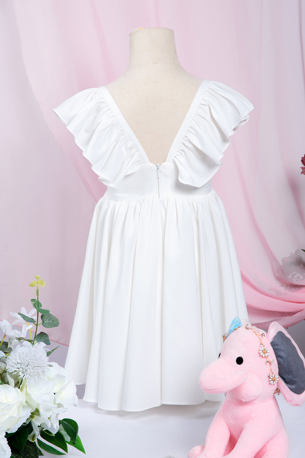 White A-Line Cap Sleeves Flower Girl Dress with Pleated Ruffles-BallBride