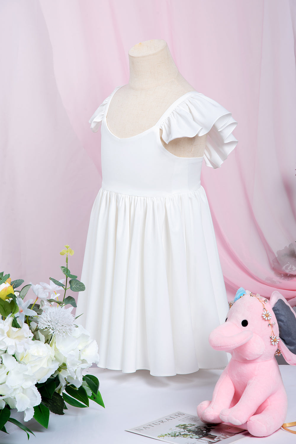 White A-Line Cap Sleeves Flower Girl Dress with Pleated Ruffles-BallBride