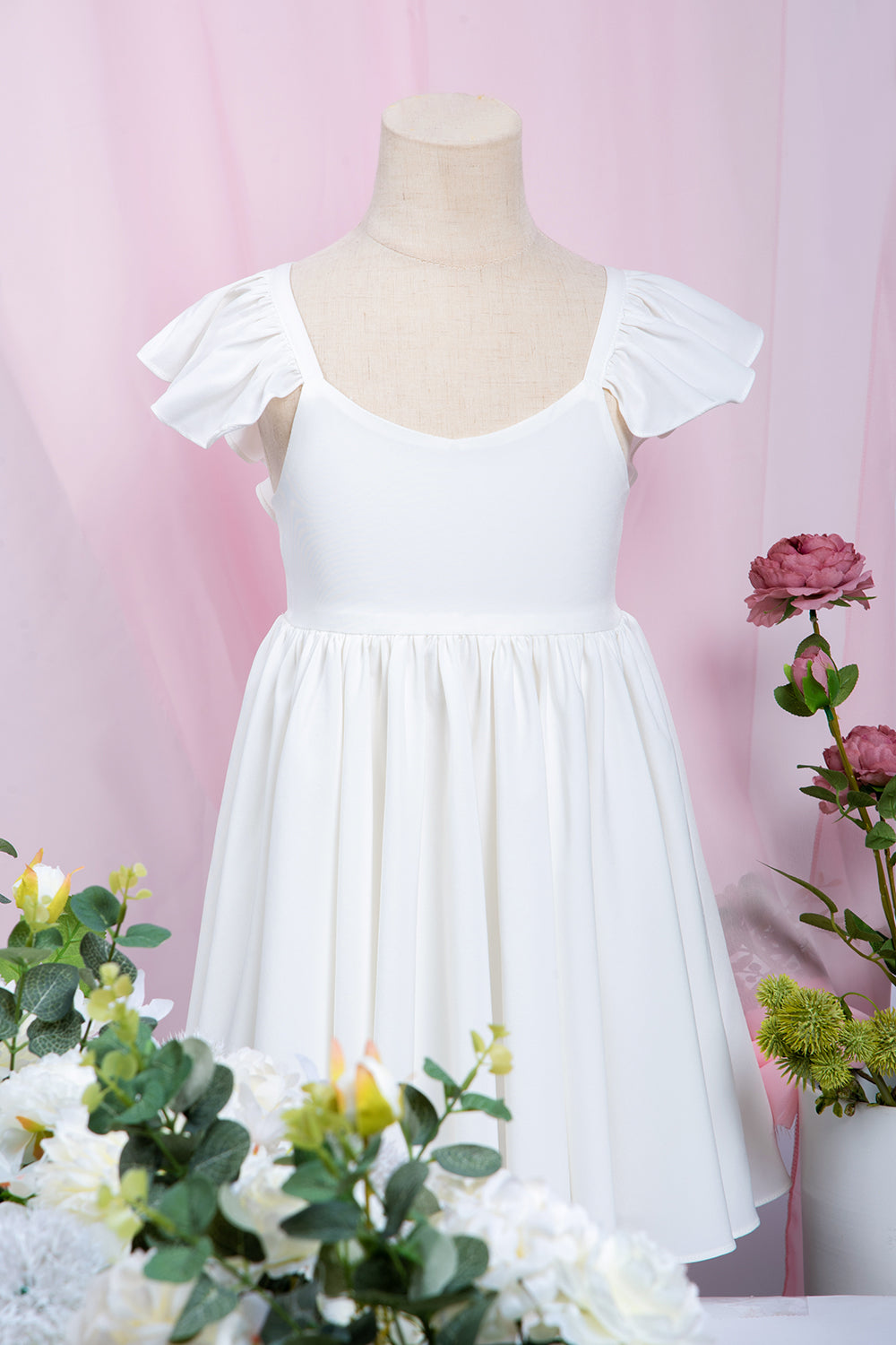White A-Line Cap Sleeves Flower Girl Dress with Pleated Ruffles-BallBride
