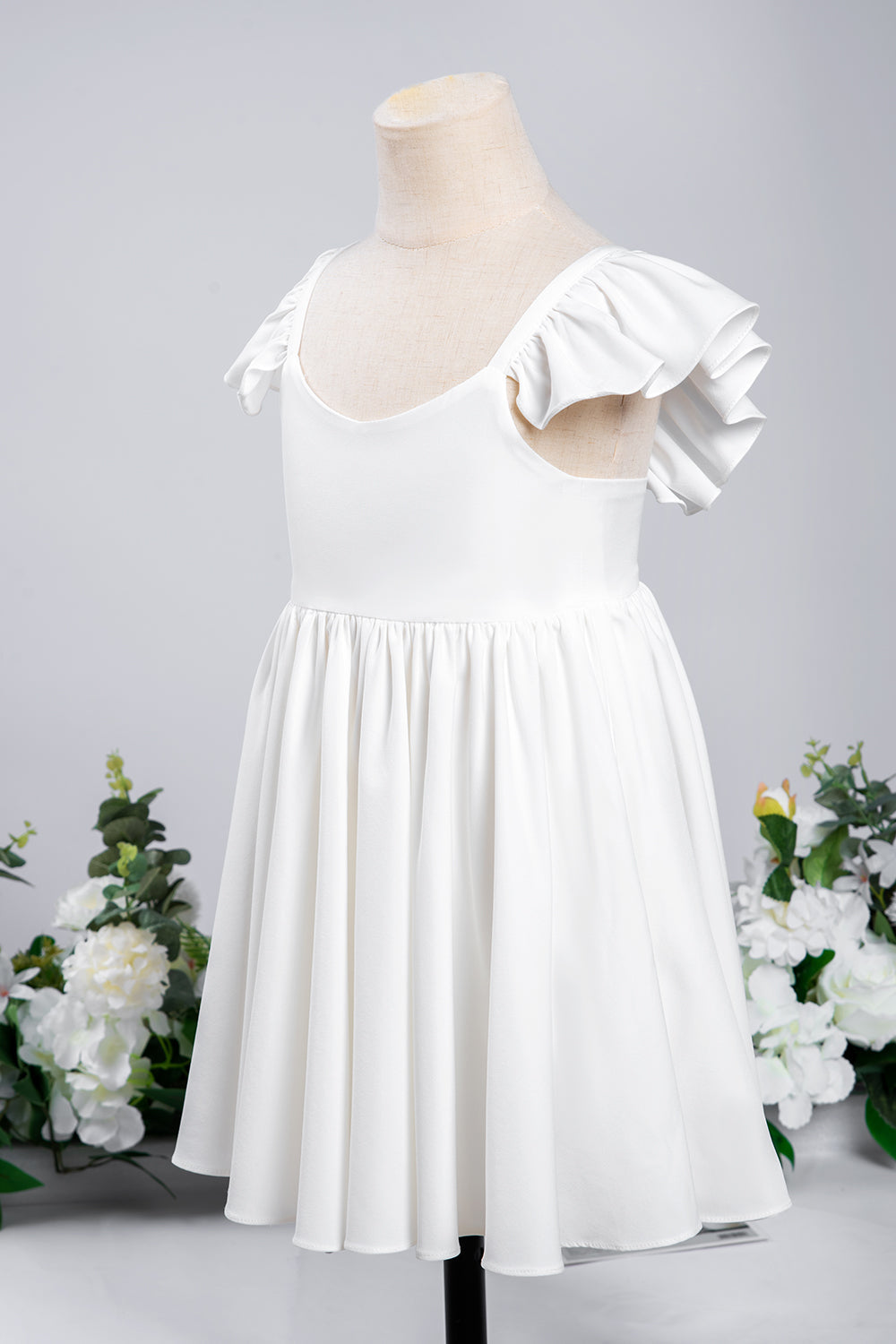 White A-Line Cap Sleeves Flower Girl Dress with Pleated Ruffles-BallBride