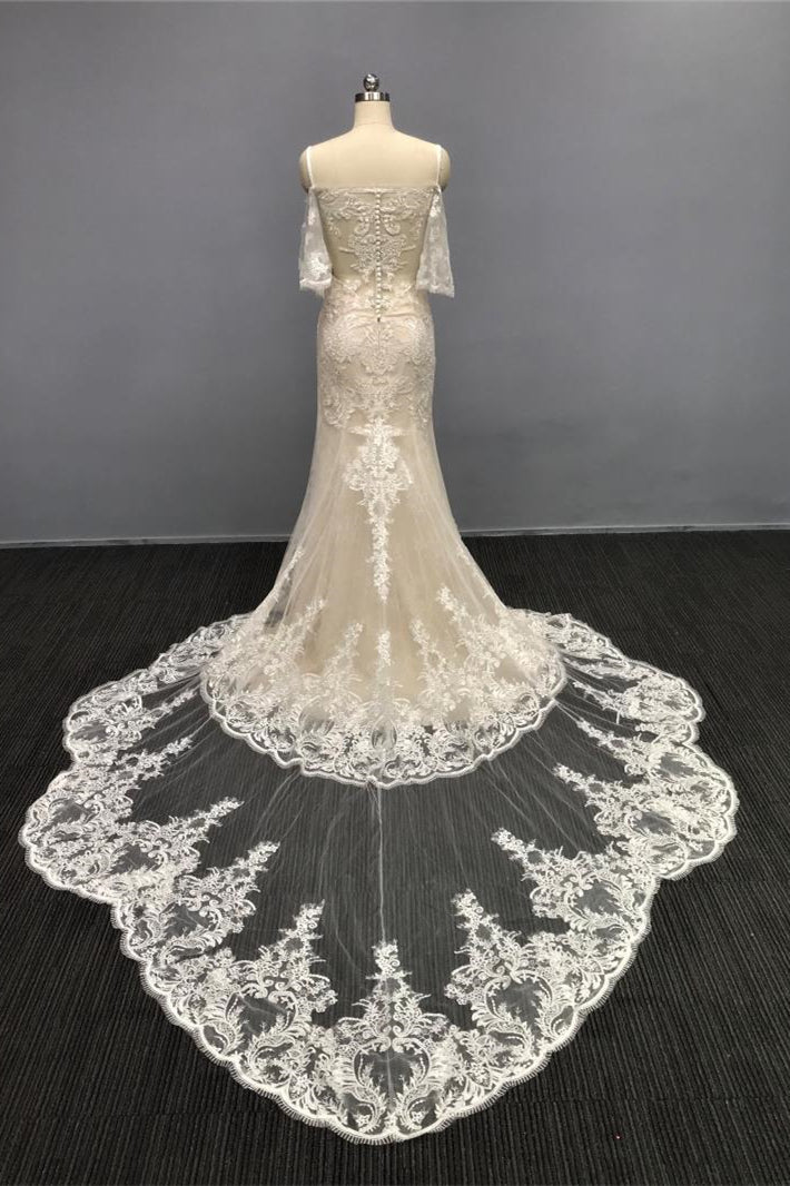 White A Line Cap Sleeves Tulle Sweetheart Wedding Dress Mermaid Chiffon With Appliques Court-BallBride