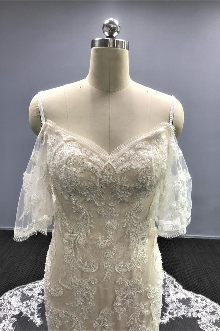White A Line Cap Sleeves Tulle Sweetheart Wedding Dress Mermaid Chiffon With Appliques Court-BallBride