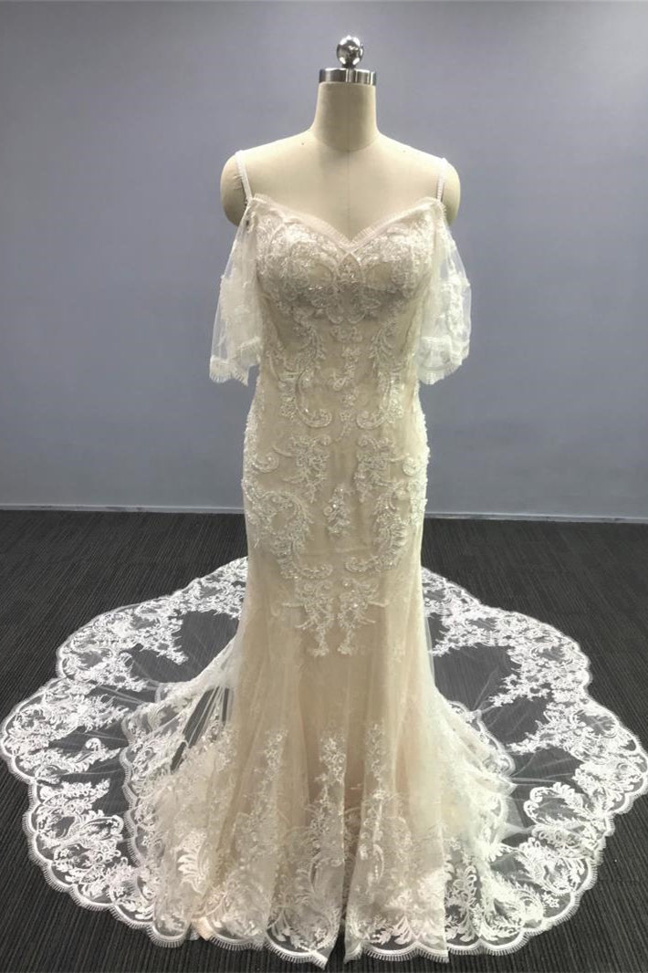 White A Line Cap Sleeves Tulle Sweetheart Wedding Dress Mermaid Chiffon With Appliques Court-BallBride