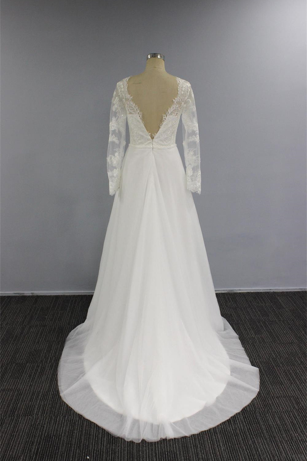 White A Line Long Sleeves Tulle Wedding Dress with Chiffon V Neck and Appliques-BallBride