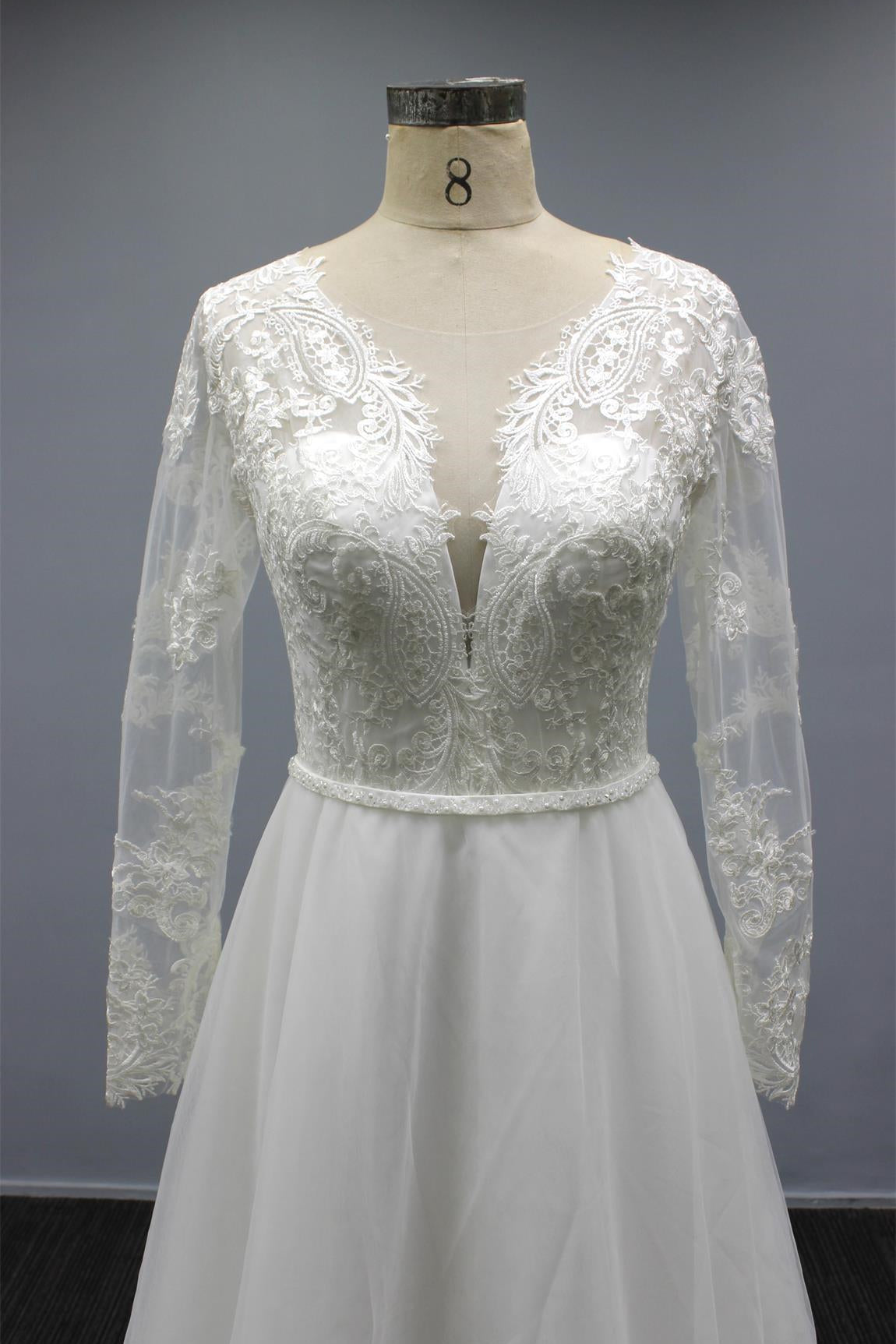 White A Line Long Sleeves Tulle Wedding Dress with Chiffon V Neck and Appliques-BallBride