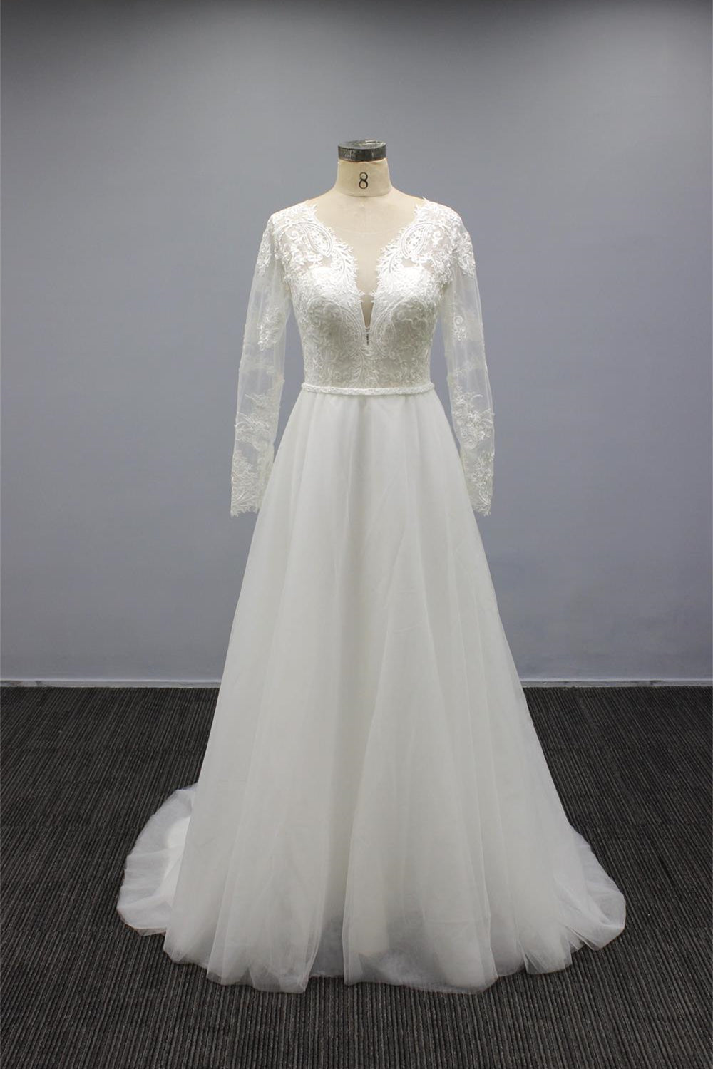 White A Line Long Sleeves Tulle Wedding Dress with Chiffon V Neck and Appliques-BallBride